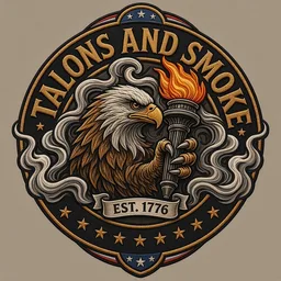 Talons and Smoke patch logo: a bald eagle gripping a torch, Est. 1776